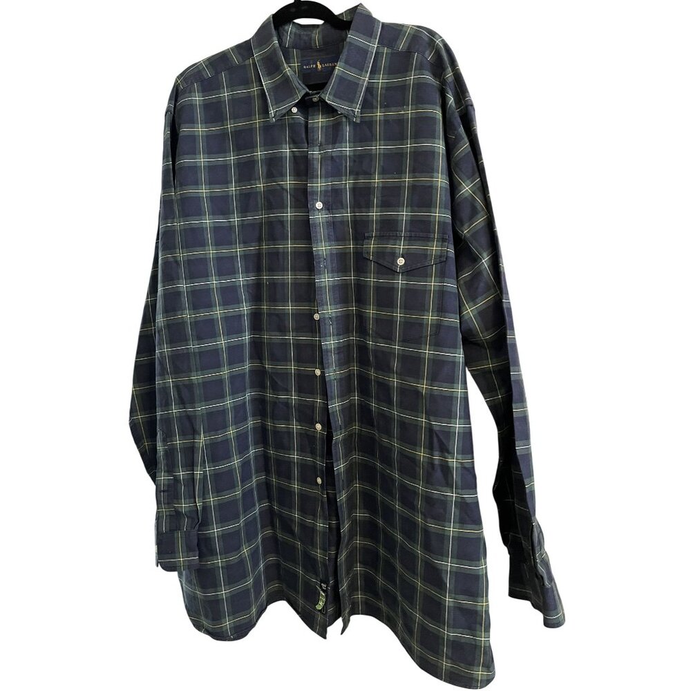 Ralph Lauren 3XLT 3TGL BIG & TALL Green & Yellow Checkered Buttoned Long Sleeve